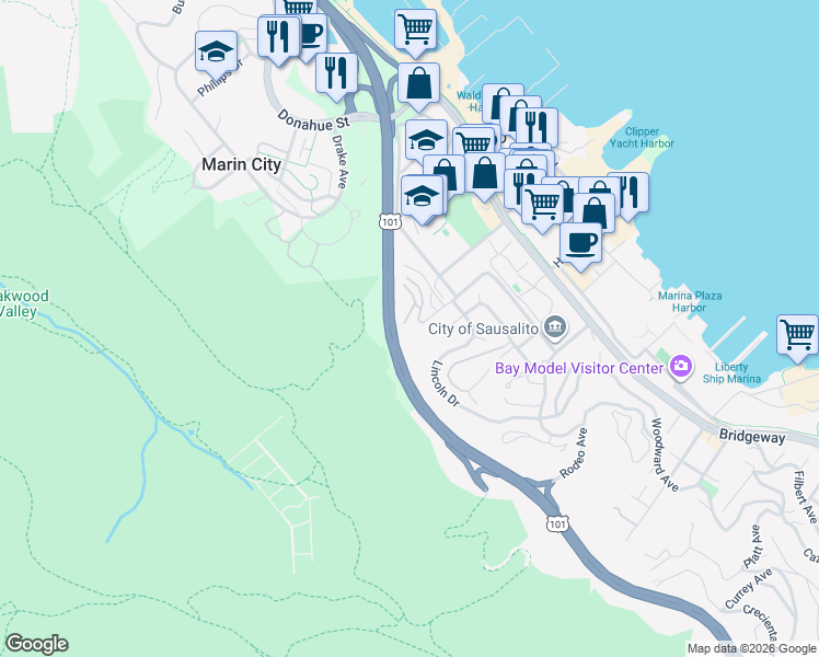 map of restaurants, bars, coffee shops, grocery stores, and more near 13 Anchorage Road in Sausalito