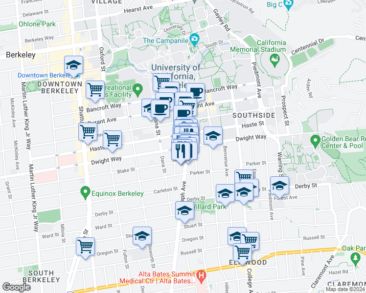 map of restaurants, bars, coffee shops, grocery stores, and more near 2447 Dwight Way in Berkeley