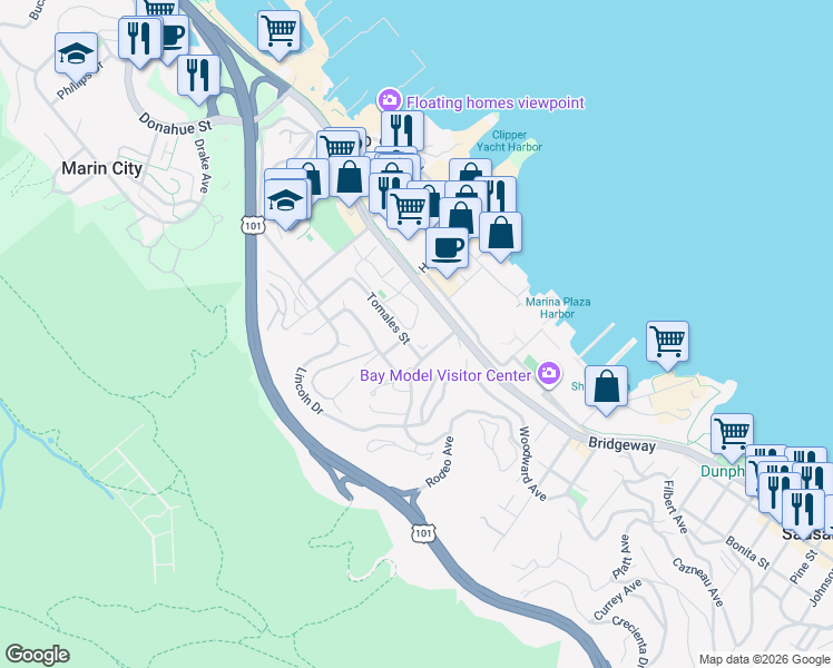 map of restaurants, bars, coffee shops, grocery stores, and more near in Sausalito