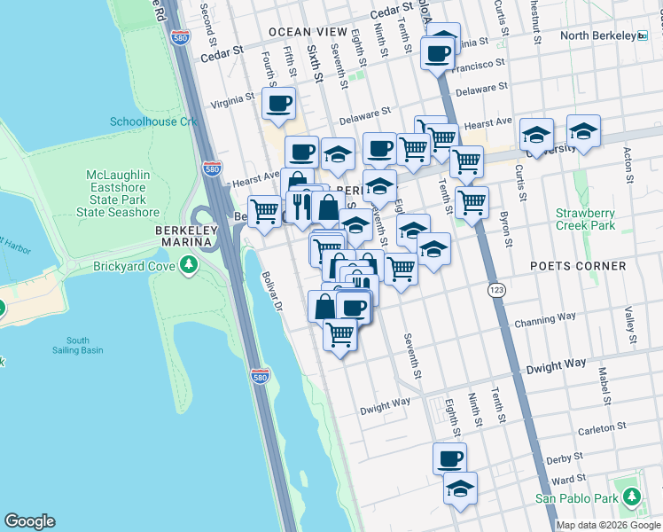 map of restaurants, bars, coffee shops, grocery stores, and more near 2212 Fifth Street in Berkeley