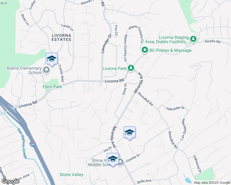 map of restaurants, bars, coffee shops, grocery stores, and more near 234 Acacia Lane in Alamo