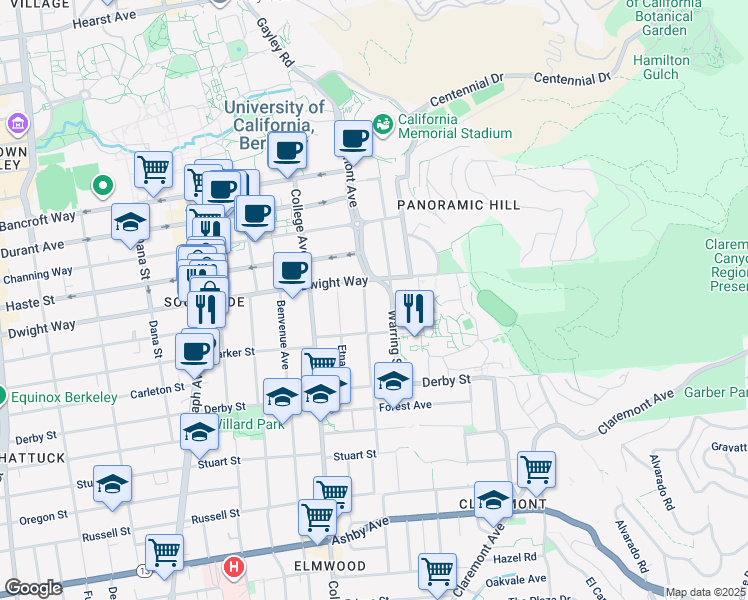 map of restaurants, bars, coffee shops, grocery stores, and more near 2532 Piedmont Avenue in Berkeley