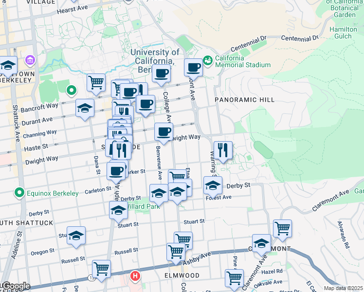 map of restaurants, bars, coffee shops, grocery stores, and more near 2512 Etna Street in Berkeley
