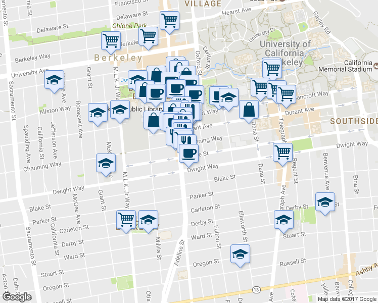 map of restaurants, bars, coffee shops, grocery stores, and more near 2121 Channing Way in Berkeley