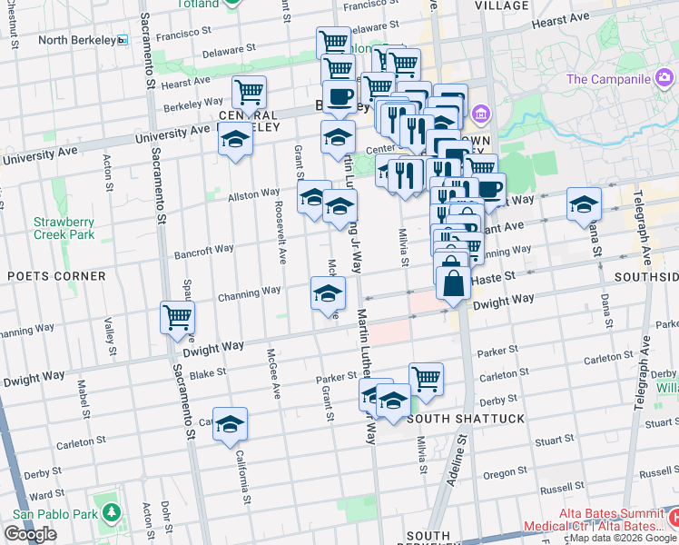 map of restaurants, bars, coffee shops, grocery stores, and more near 2332 Martin Luther King Junior Way in Berkeley
