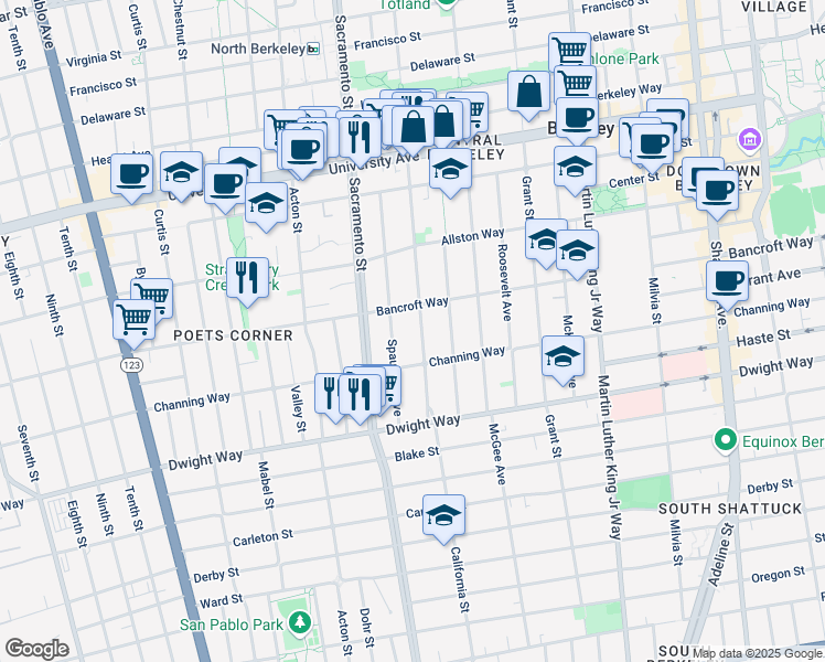 map of restaurants, bars, coffee shops, grocery stores, and more near 1532 Bancroft Way in Berkeley