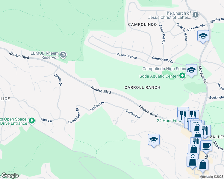 map of restaurants, bars, coffee shops, grocery stores, and more near 253 Rheem Boulevard in Moraga