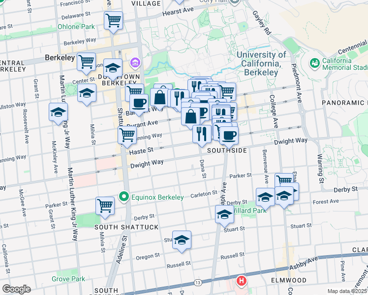map of restaurants, bars, coffee shops, grocery stores, and more near 2328 Channing Way in Berkeley