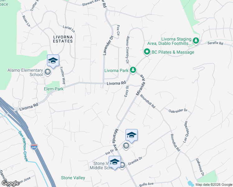 map of restaurants, bars, coffee shops, grocery stores, and more near 234 Acacia Lane in Alamo
