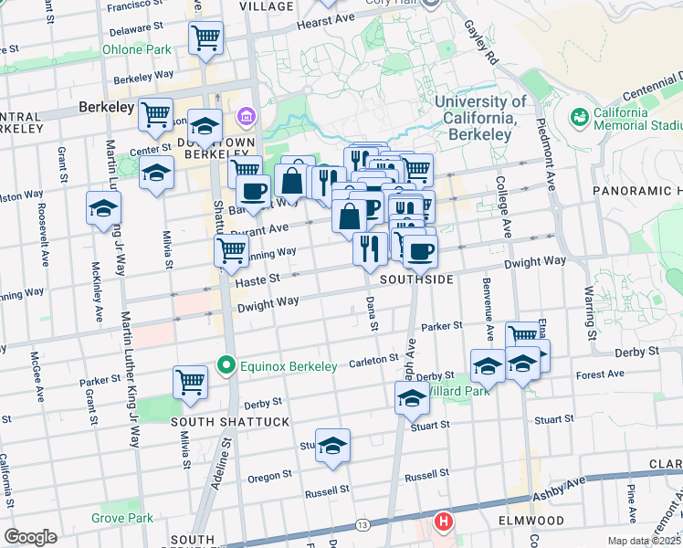 map of restaurants, bars, coffee shops, grocery stores, and more near 2322 Haste Street in Berkeley