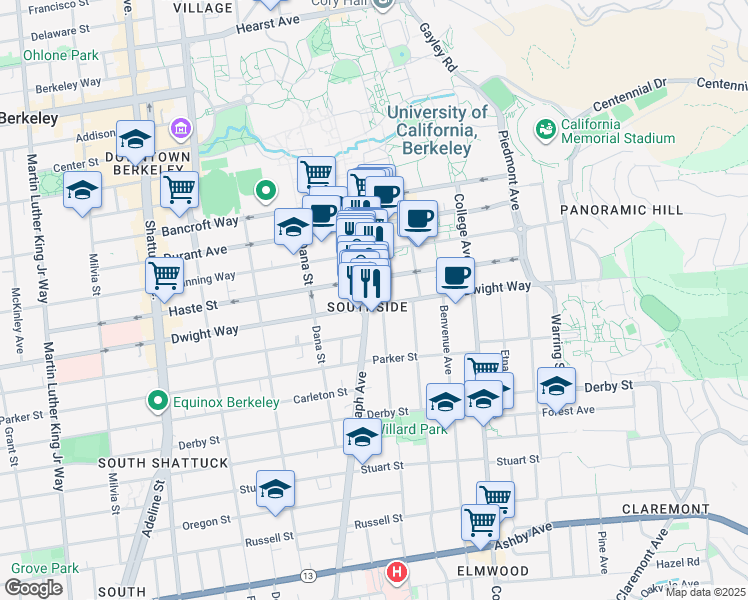map of restaurants, bars, coffee shops, grocery stores, and more near 2509 Dwight Way in Berkeley