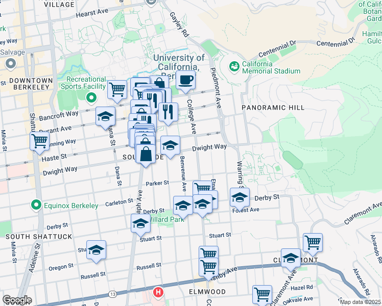 map of restaurants, bars, coffee shops, grocery stores, and more near 2644 Dwight Way in Berkeley