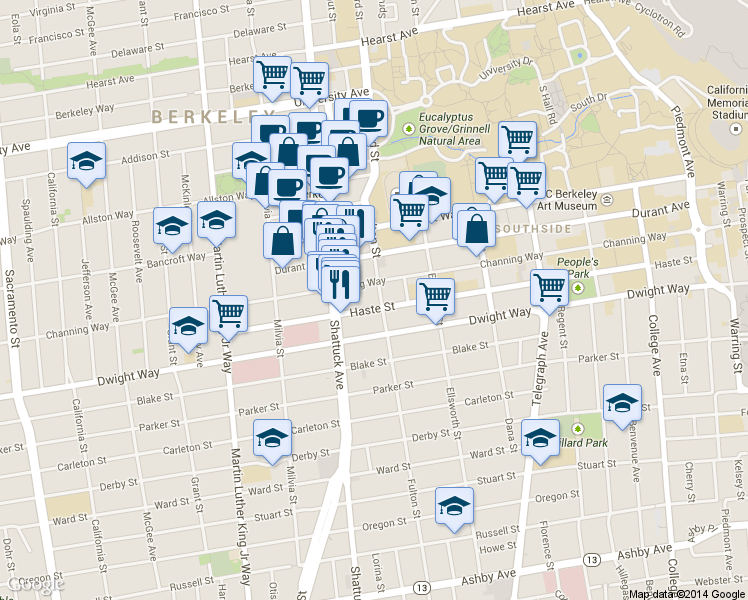 map of restaurants, bars, coffee shops, grocery stores, and more near 2121 Channing Way in Berkeley