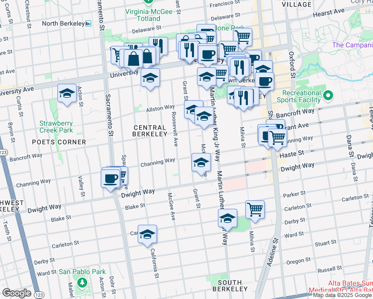 map of restaurants, bars, coffee shops, grocery stores, and more near 2313 Roosevelt Avenue in Berkeley