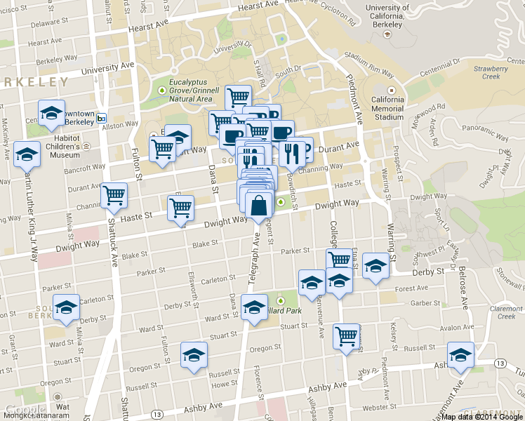 map of restaurants, bars, coffee shops, grocery stores, and more near 2509 Dwight Way in Berkeley