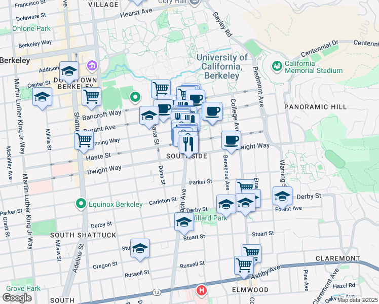 map of restaurants, bars, coffee shops, grocery stores, and more near 2509 Dwight Way in Berkeley