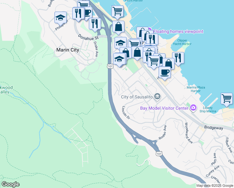 map of restaurants, bars, coffee shops, grocery stores, and more near 56 Anchorage Road in Sausalito