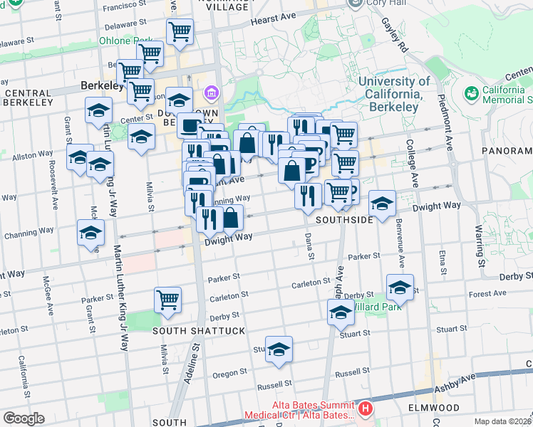 map of restaurants, bars, coffee shops, grocery stores, and more near Ellsworth St & Haste St in Berkeley