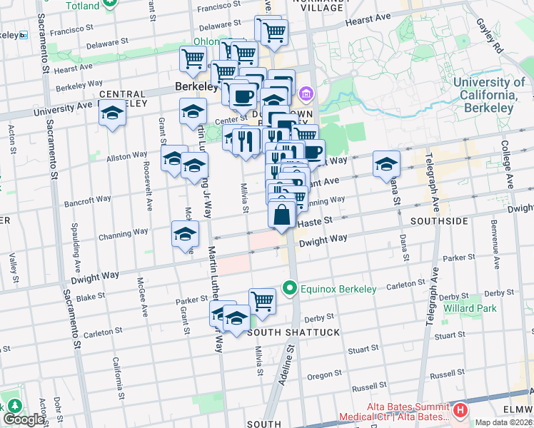 map of restaurants, bars, coffee shops, grocery stores, and more near 2020 Channing Way in Berkeley