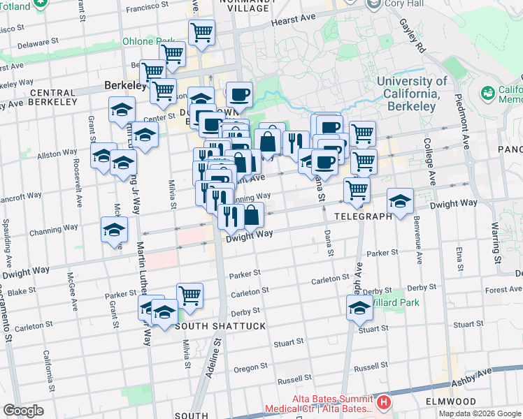map of restaurants, bars, coffee shops, grocery stores, and more near 2212 Channing Way in Berkeley