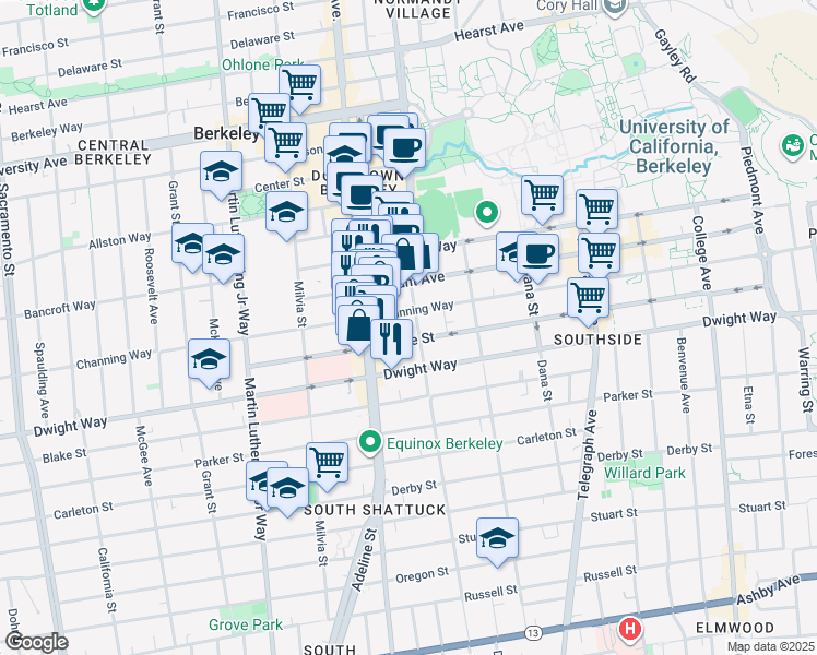 map of restaurants, bars, coffee shops, grocery stores, and more near 2121 Channing Way in Berkeley