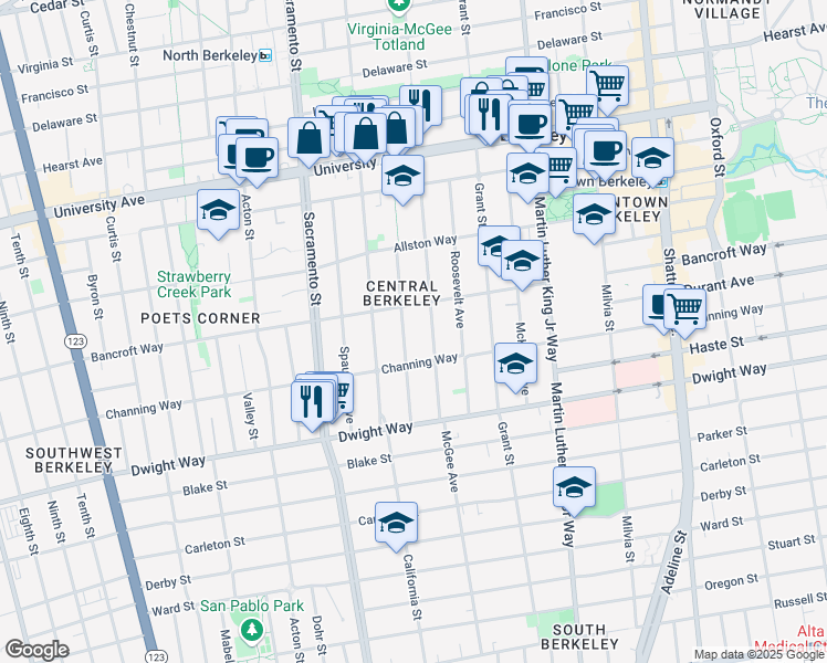 map of restaurants, bars, coffee shops, grocery stores, and more near 2315 McGee Avenue in Berkeley