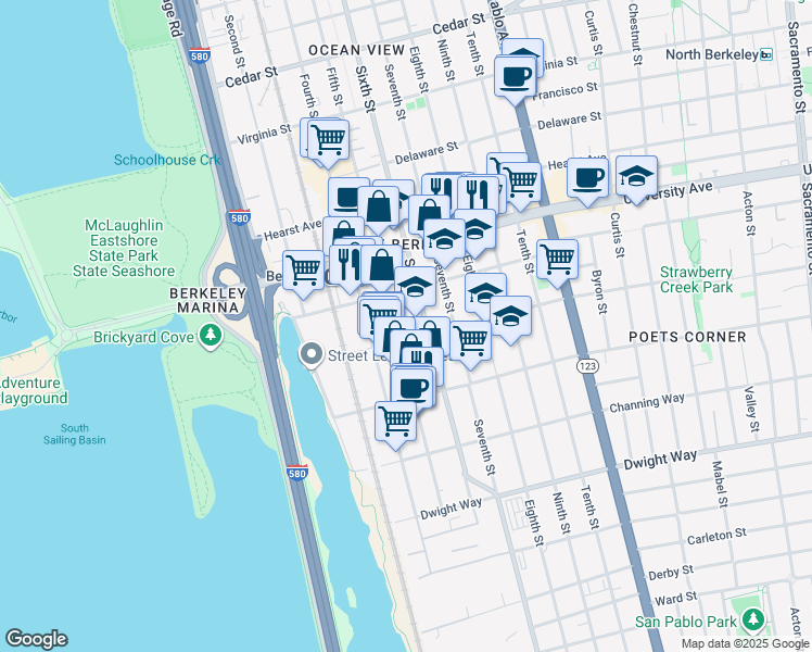 map of restaurants, bars, coffee shops, grocery stores, and more near 2111 Fifth Street in Berkeley