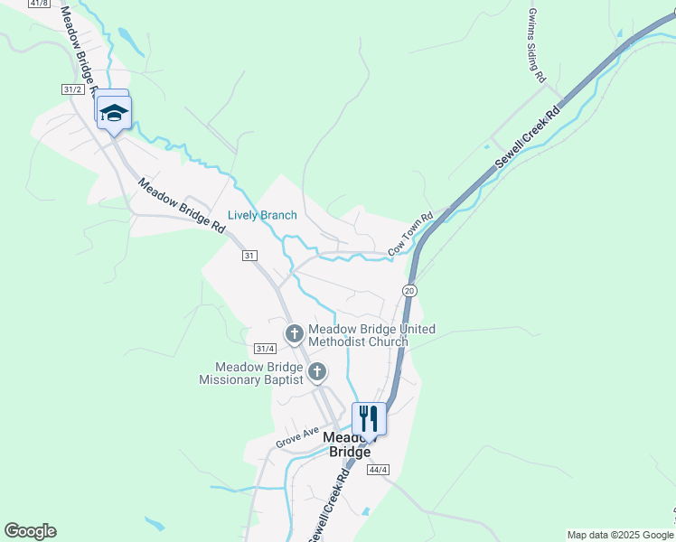 map of restaurants, bars, coffee shops, grocery stores, and more near Laurel Branch Road in Meadow Bridge