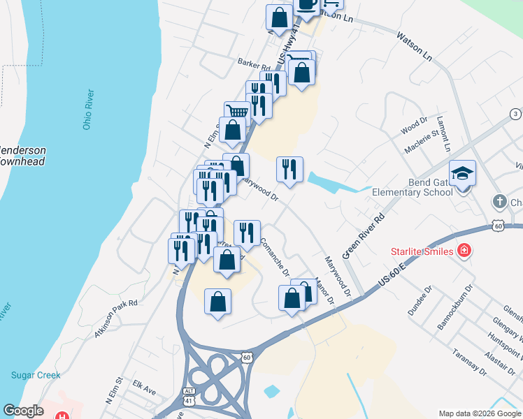 map of restaurants, bars, coffee shops, grocery stores, and more near 2100 Spruce Drive in Henderson