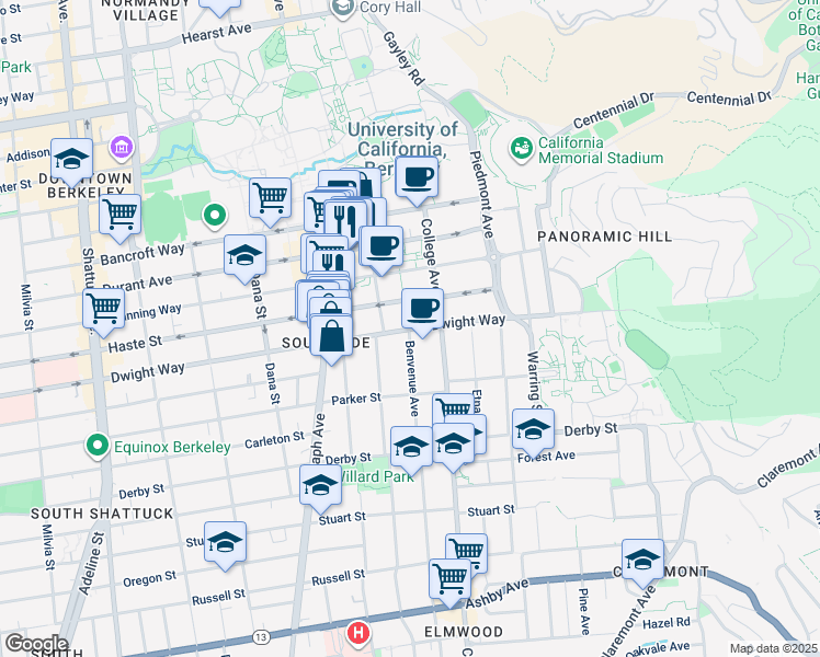 map of restaurants, bars, coffee shops, grocery stores, and more near Dwight Way & Benvenue Ave in Berkeley