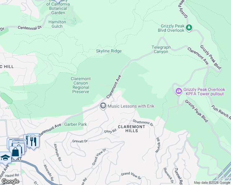 map of restaurants, bars, coffee shops, grocery stores, and more near 1488 Alvarado Road in Berkeley