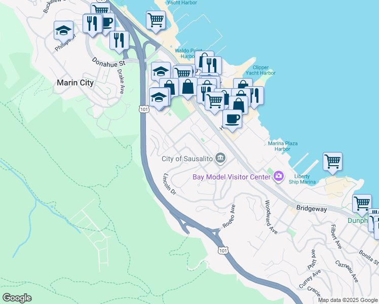 map of restaurants, bars, coffee shops, grocery stores, and more near 127 Buchanan Drive in Sausalito
