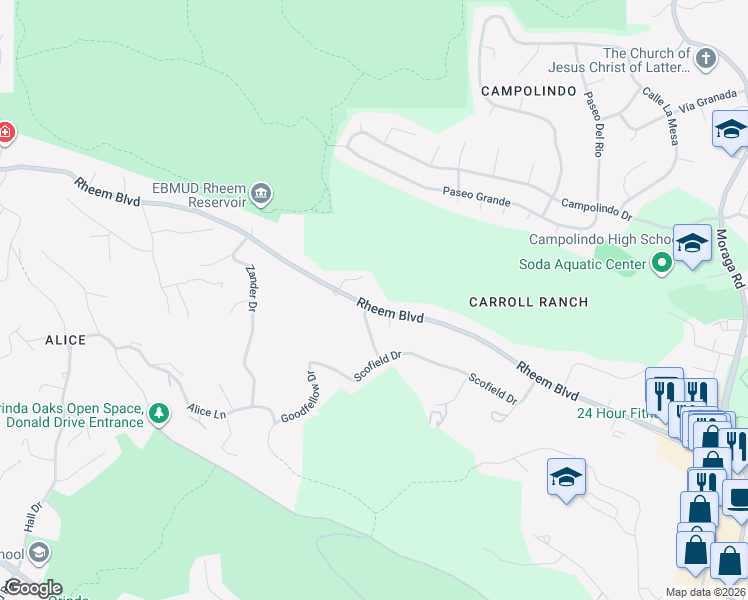 map of restaurants, bars, coffee shops, grocery stores, and more near 235 Rheem Boulevard in Moraga