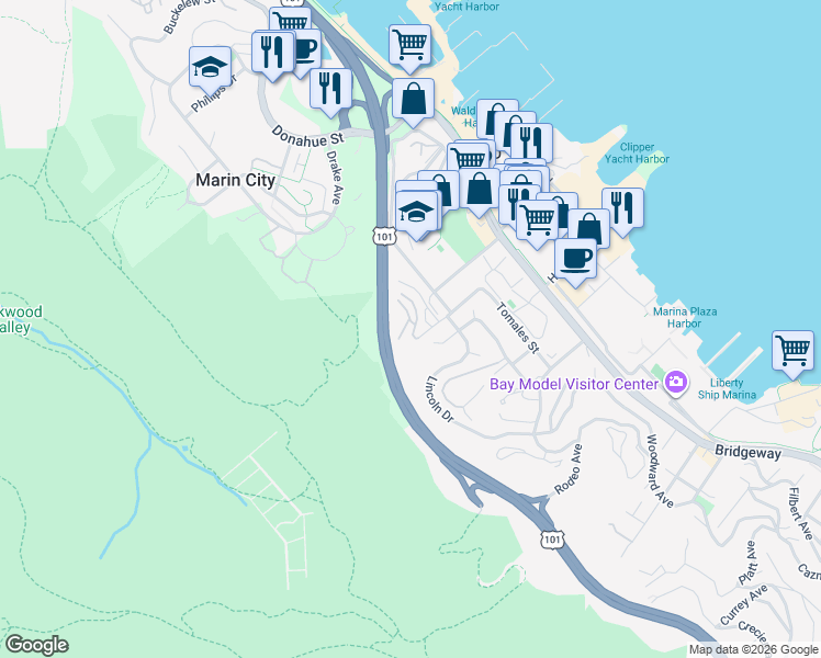 map of restaurants, bars, coffee shops, grocery stores, and more near 56 Anchorage Road in Sausalito