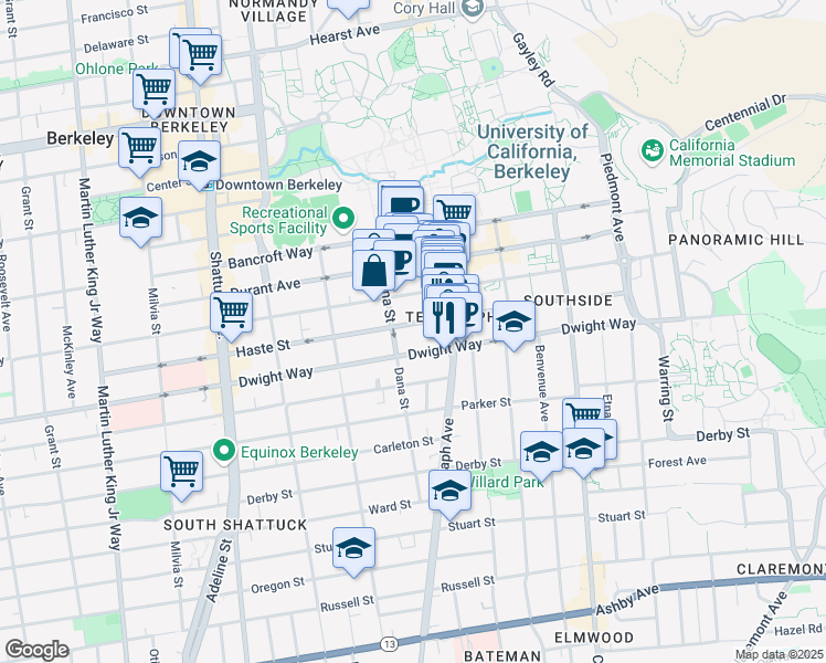 map of restaurants, bars, coffee shops, grocery stores, and more near 2407 Dana Street in Berkeley