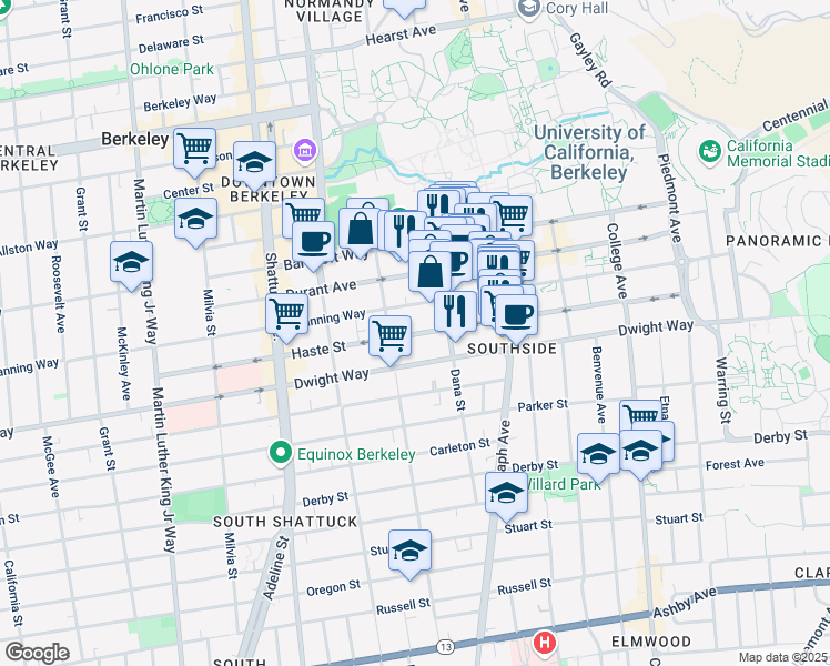 map of restaurants, bars, coffee shops, grocery stores, and more near 2328 Channing Way in Berkeley