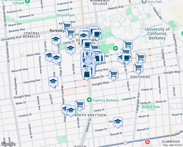 map of restaurants, bars, coffee shops, grocery stores, and more near 2121 Channing Way in Berkeley