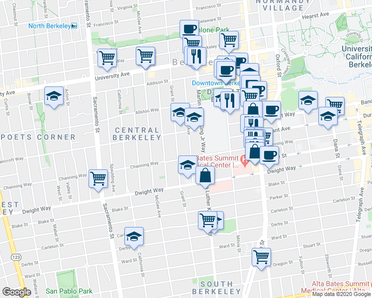 map of restaurants, bars, coffee shops, grocery stores, and more near 2320 McKinley Avenue in Berkeley
