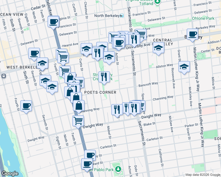 map of restaurants, bars, coffee shops, grocery stores, and more near in Berkeley