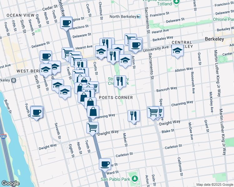 map of restaurants, bars, coffee shops, grocery stores, and more near 1307-1315 Bancroft Way in Berkeley