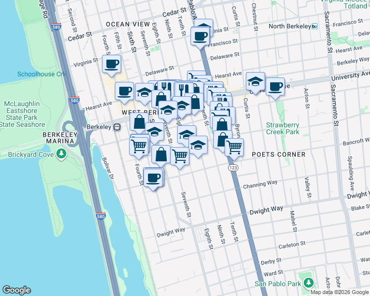 map of restaurants, bars, coffee shops, grocery stores, and more near 2124 Eighth Street in Berkeley