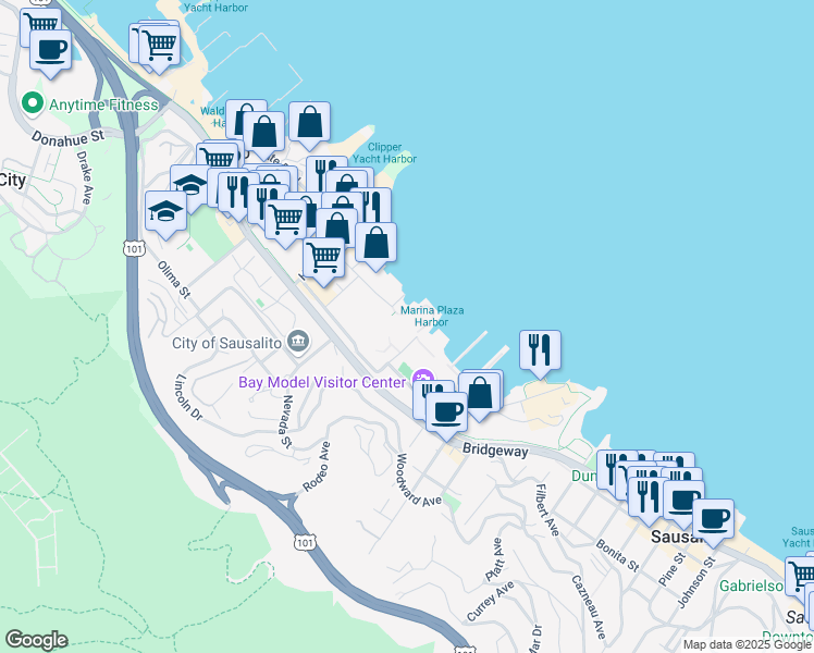 map of restaurants, bars, coffee shops, grocery stores, and more near 2320 Marinship Way in Sausalito