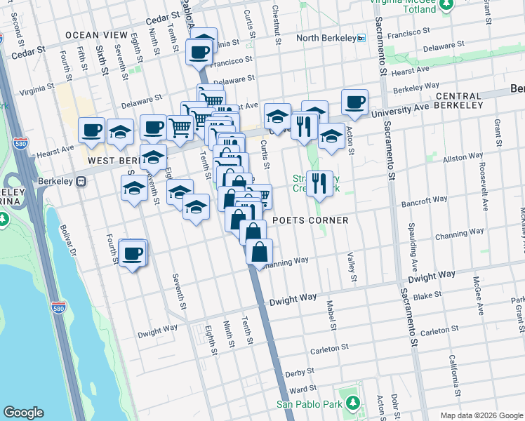 map of restaurants, bars, coffee shops, grocery stores, and more near 2223 Byron Street in Berkeley