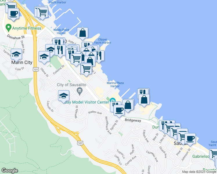 map of restaurants, bars, coffee shops, grocery stores, and more near 2320 Marinship Way in Sausalito