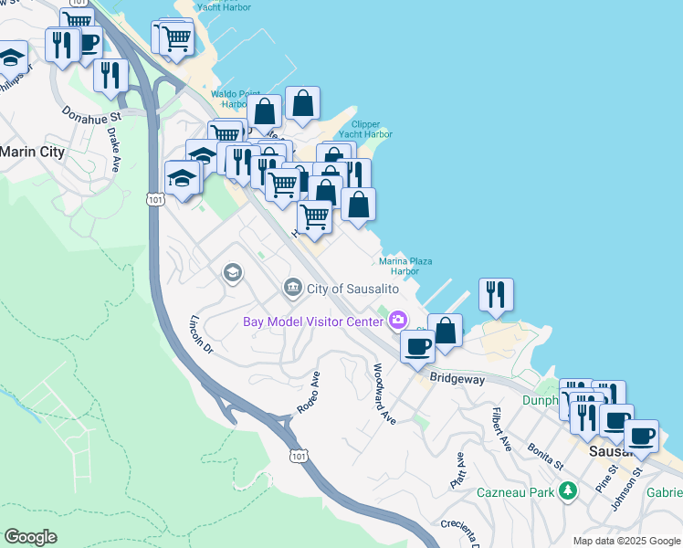 map of restaurants, bars, coffee shops, grocery stores, and more near 2346 Marinship Way in Sausalito
