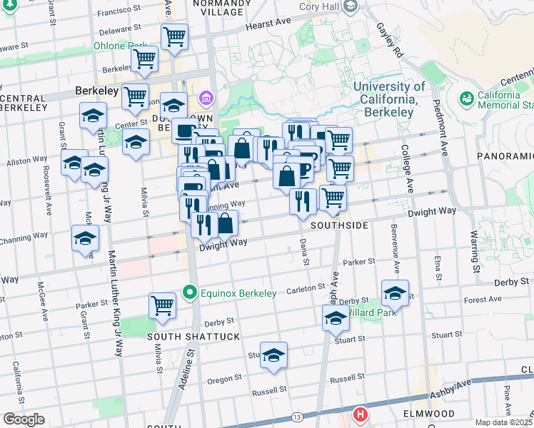 map of restaurants, bars, coffee shops, grocery stores, and more near 2234 Channing Way in Berkeley
