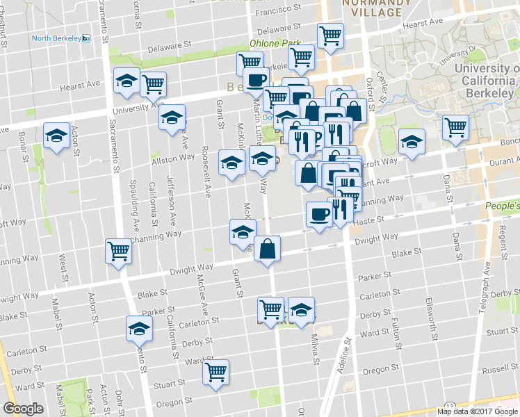 map of restaurants, bars, coffee shops, grocery stores, and more near 2332 Martin Luther King Junior Way in Berkeley