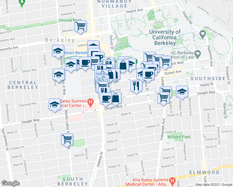 map of restaurants, bars, coffee shops, grocery stores, and more near 2210 Channing Way in Berkeley