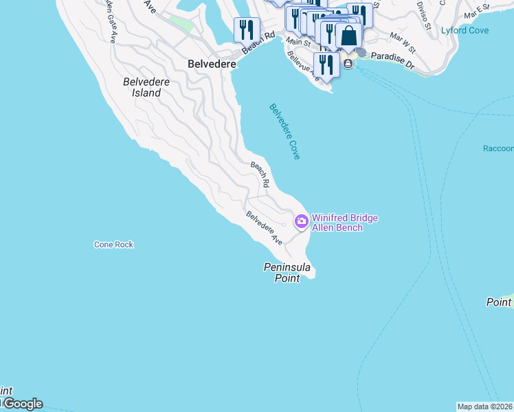 map of restaurants, bars, coffee shops, grocery stores, and more near 400 Golden Gate Avenue in Belvedere