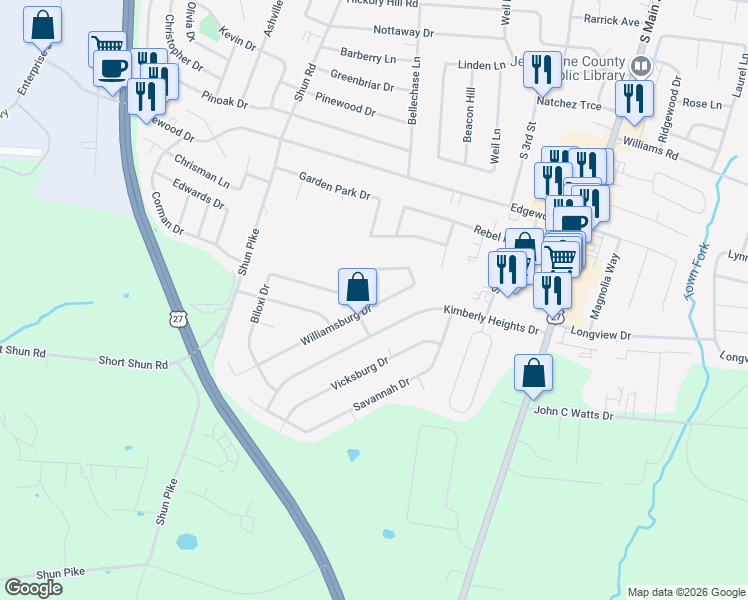 map of restaurants, bars, coffee shops, grocery stores, and more near 231 Williamsburg Drive in Nicholasville